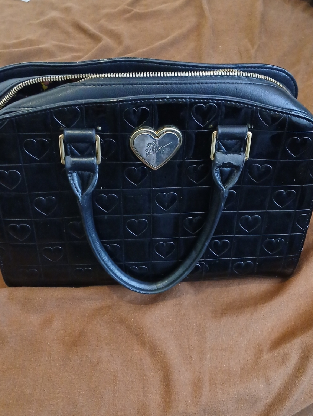 Betsey Black Heart-Embossed Satchel Handbag